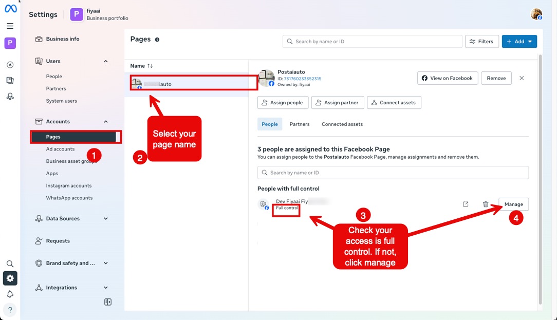 Meta Business Portfolio Full Control settings